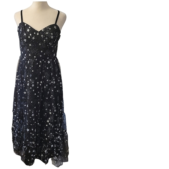 NEW Betsey Johnson Bustier Cup Silver Stars Midi Dress Black Mesh Tiered Size 8 - Picture 6 of 16